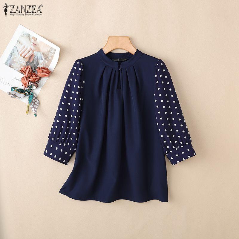 ZANZEA Women Casual Polka Dot Print Splice 3/4 Sleeve Loose Crew Neck Blouse