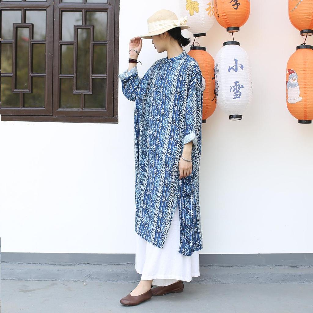 Johnature Women Vintage Stand Print Floral Dress Bat Sleeve Spring Blue A-Line Button Dresses