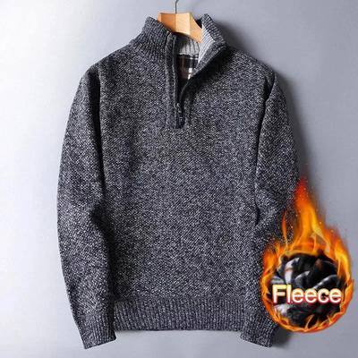 Autumn Winter Fleece Lined Heathered Texture Men's Half Turtleneck Half Zip Sweater Thickened Casual Pullovers