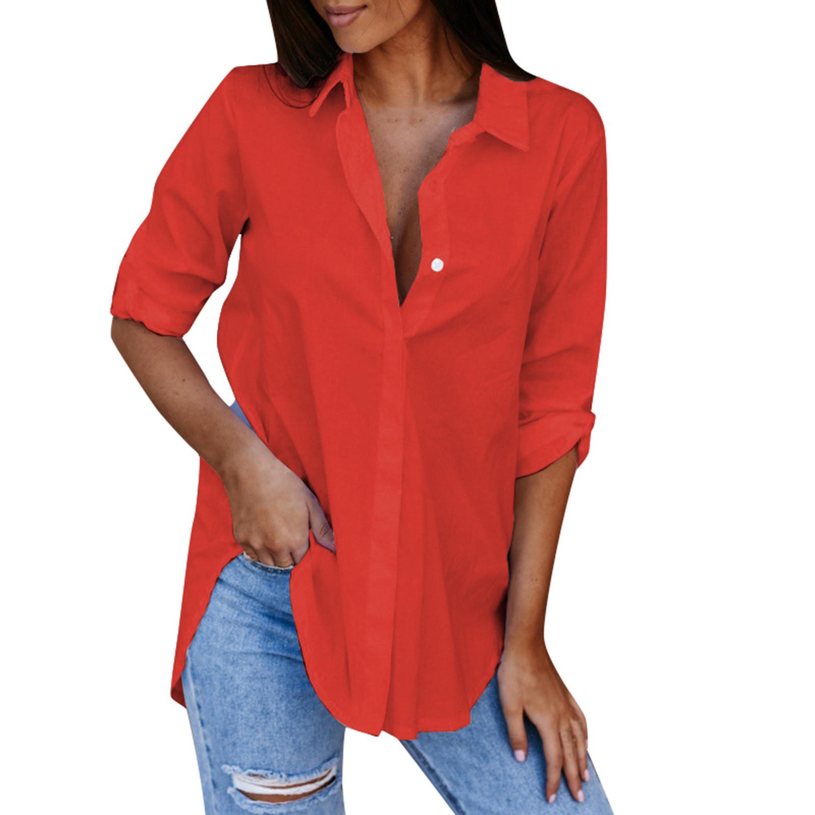 

Blouse For Women s Long Sleeve Button Down Shirts Casual Loose Business Work Tunic Top XL красный