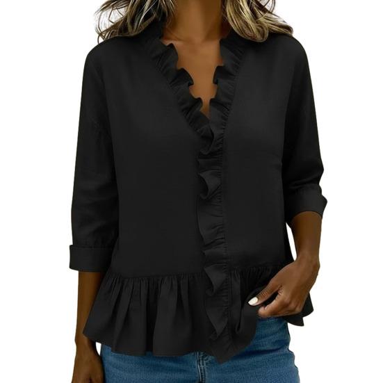 Women Casual Shirt Stand Collar Mid-Length Long Sleeve Breathable Tops Pure Color Loose Fit Ruffle Trim Shirt Daily Wear