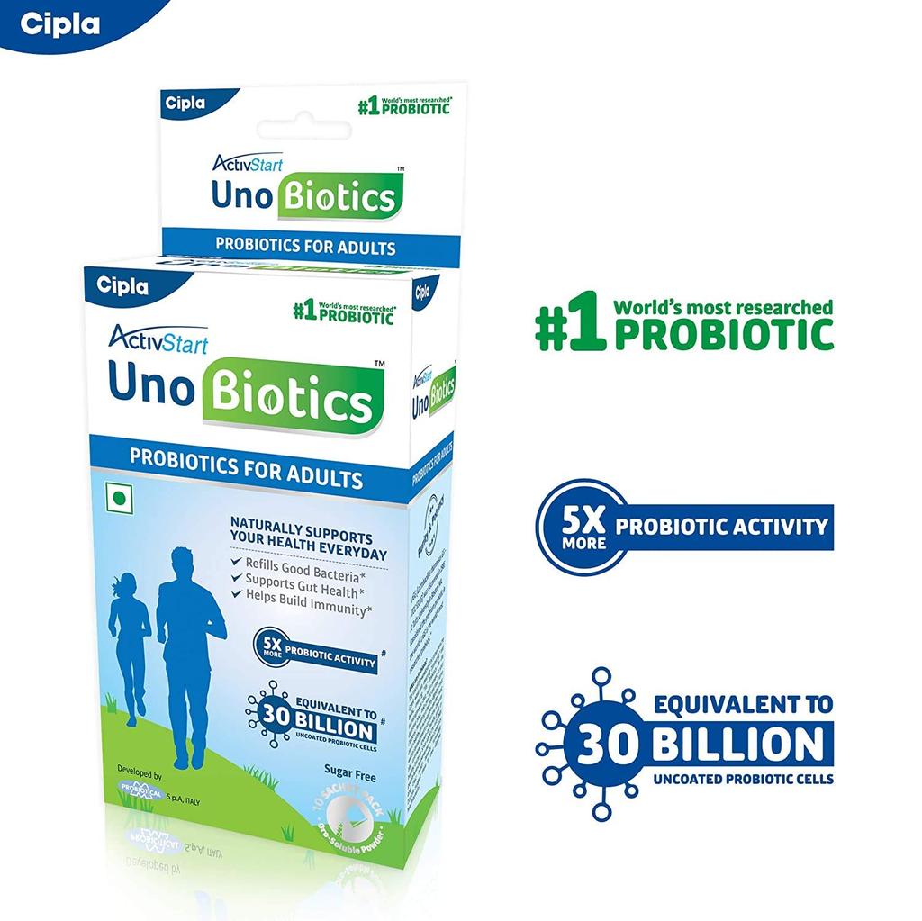 Cipla Activstart Unobiotics Probiotics for Adults 10 Sachets Boost Gut Health and Immunity
