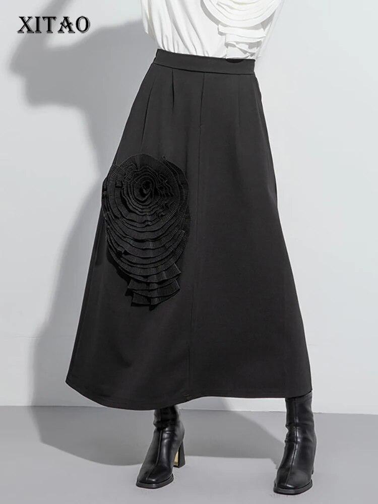

XITAO однотонная повседневная юбка со сложенными цветами и эластичной резинкой на талии, свободная женская юбка трапециевидной формы LYD1777