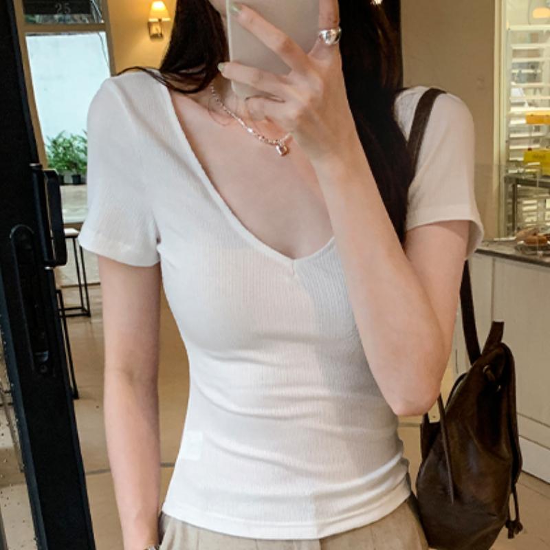 Fashion Short Sleeve V-neck Backless Sexy Women's T-shirt Summer Slim Fit Casual White Tee Tops Office Lady Solid Elegant Woman Knitted T Shirts 24982