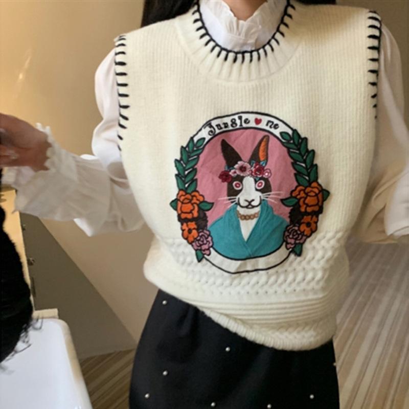 2023 Autumn New Versatile Cartoon Pattern Pullover Sleeveless Sweater Top Women's Knitted Tank Top Vest