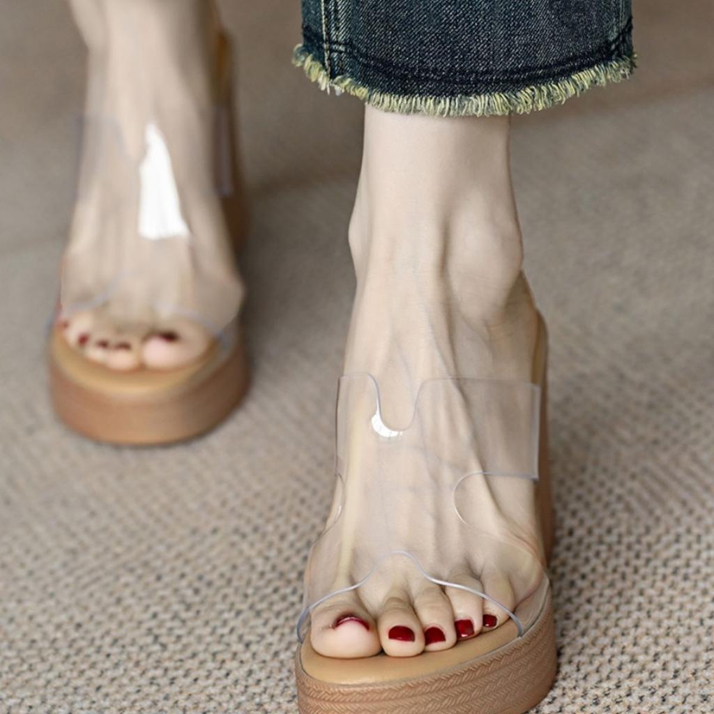 High-heeled one-word women's 2025 summer new open-toed outer wear small height-increasing thick-soled PVC transparent cool slippers