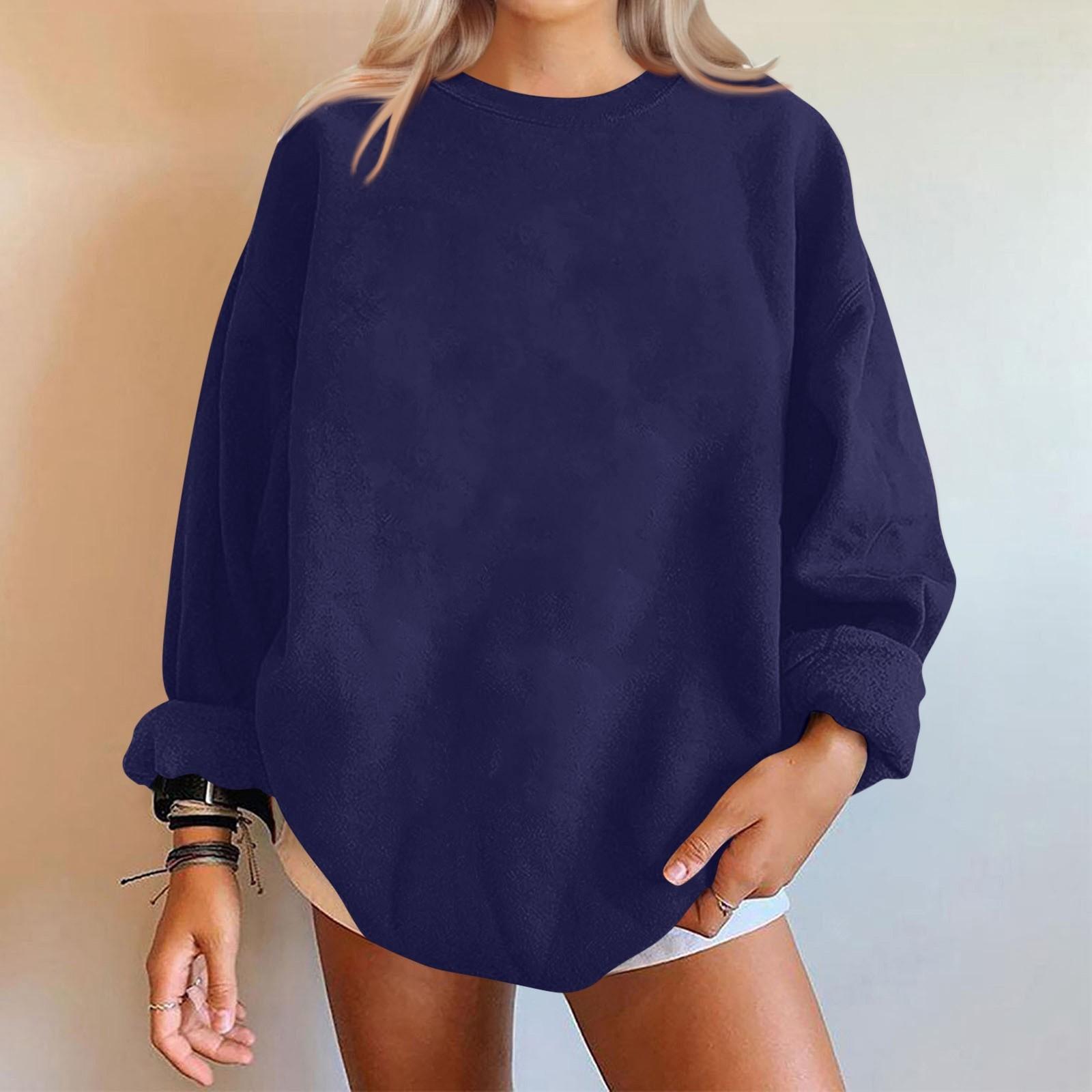 

Женские повседневные модные однотонные толстовки с длинным рукавом и круглым вырезом, пуловер, топ XL тёмно-синий