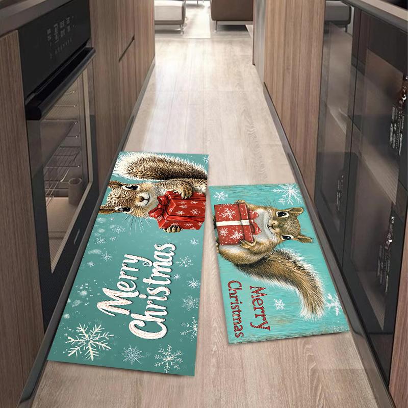 1Pcs Anti Fatigue Kitchen Rug Squirrel Christmas Print Waterproof Non-Slip Thick Cushioned Kitchen Mat Heavy Duty Comfort Standing Mat for Kitchen
