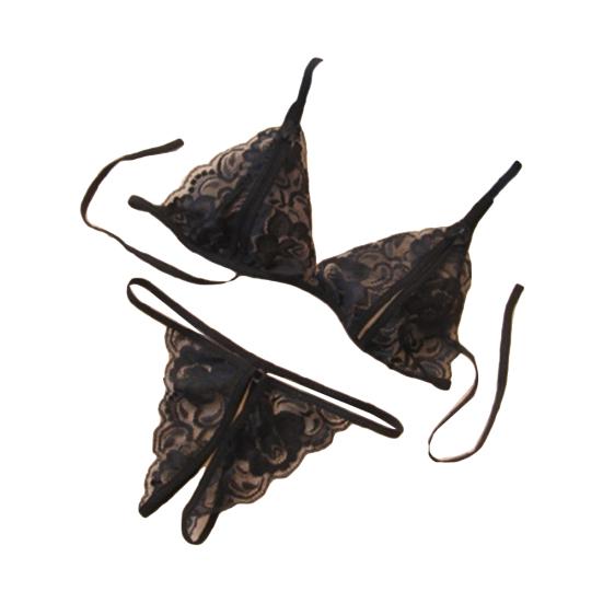 Sexy Women Sheer Lace Bandage Bra Open Crotch G-String Erotic Underwear Set
