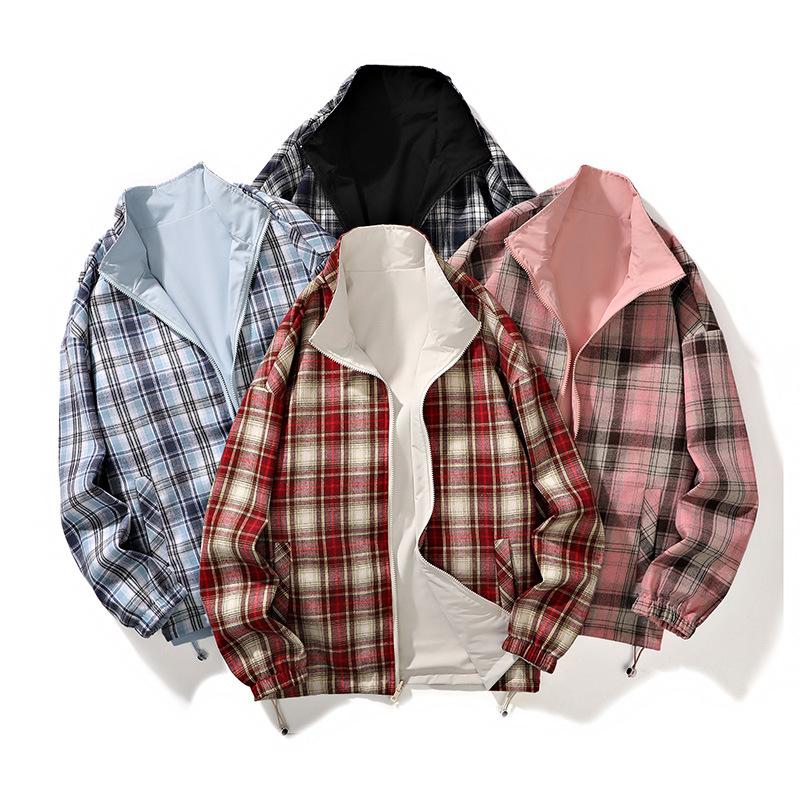 Spring and Autumn New Reflex Stand Collar Jacket for Men and Women Loose Outdoor Couples Wear Versatile Long-Sleeved Plaid Jackets for Men