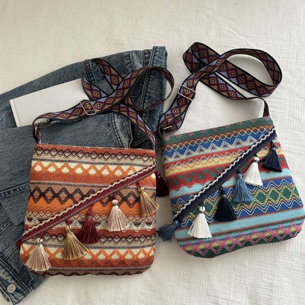 Large Capacity Ethnic Style Crossbody Bags Woven Bohemian Phone Bag Fringe Shoulder Bag Women