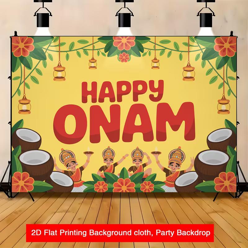 2D Colorful Onam Festival Backdrop with Happy Onam Text and Kathakali Dancers 47.2x31.5inch/120*80cm