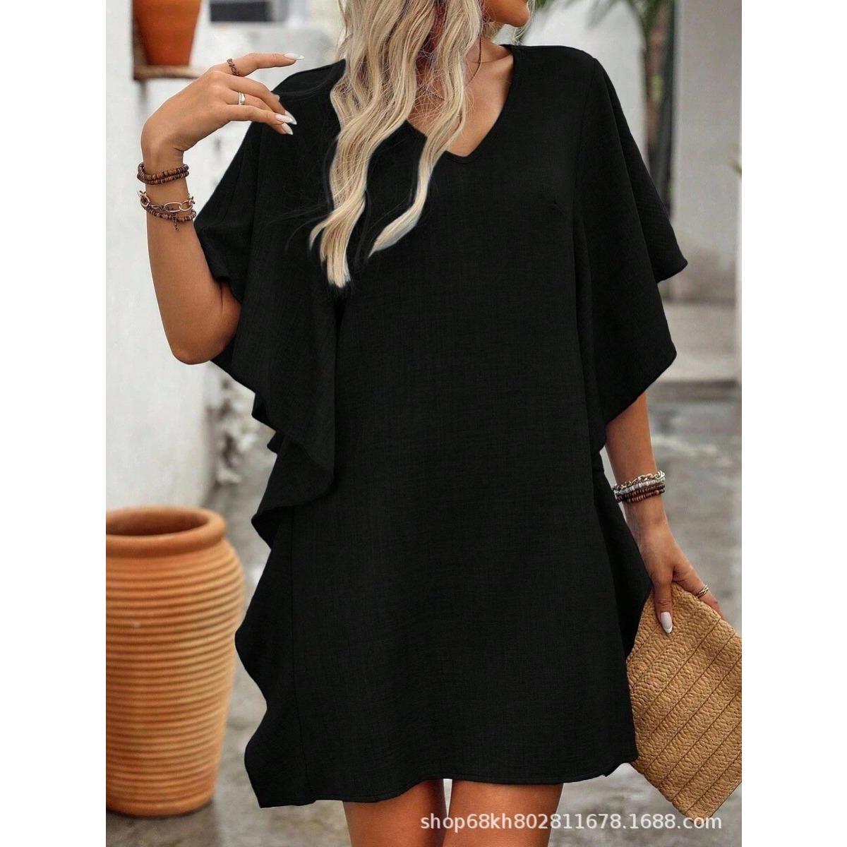 

Solid Color V-neck Ruffle Sleeve Loose Straight Casual Dress for Women, New Fashion European American Style S чёрный