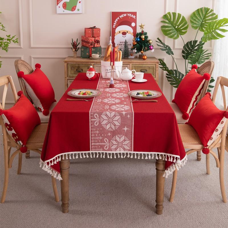 Red Christmas Reindeer Ball Jacquard Tablecloth Vintage Tassel Table Cover Dining Coffee Decor