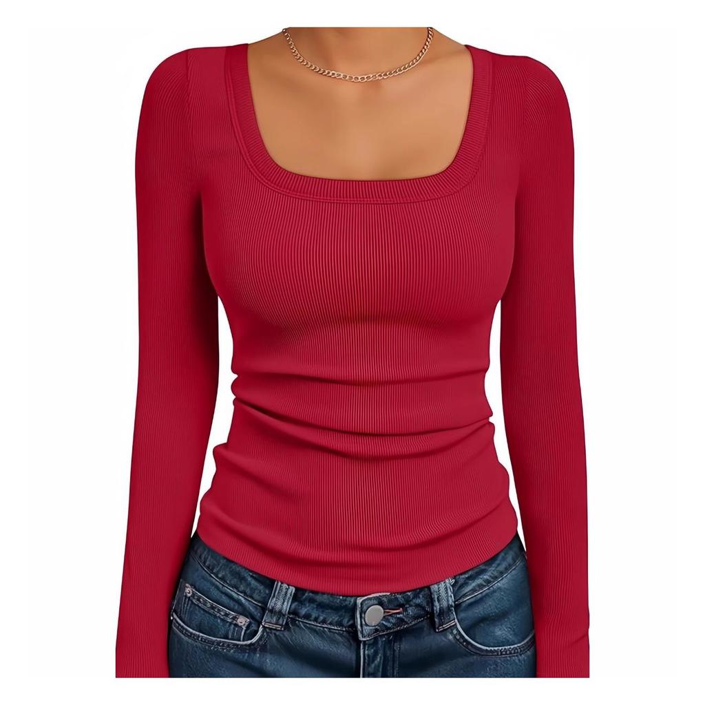 Women‘s Ribbed Square Neck Top, Long Sleeve Slim Fit Basic Shirt for Fall Winter Spring, Casual Crop Tee