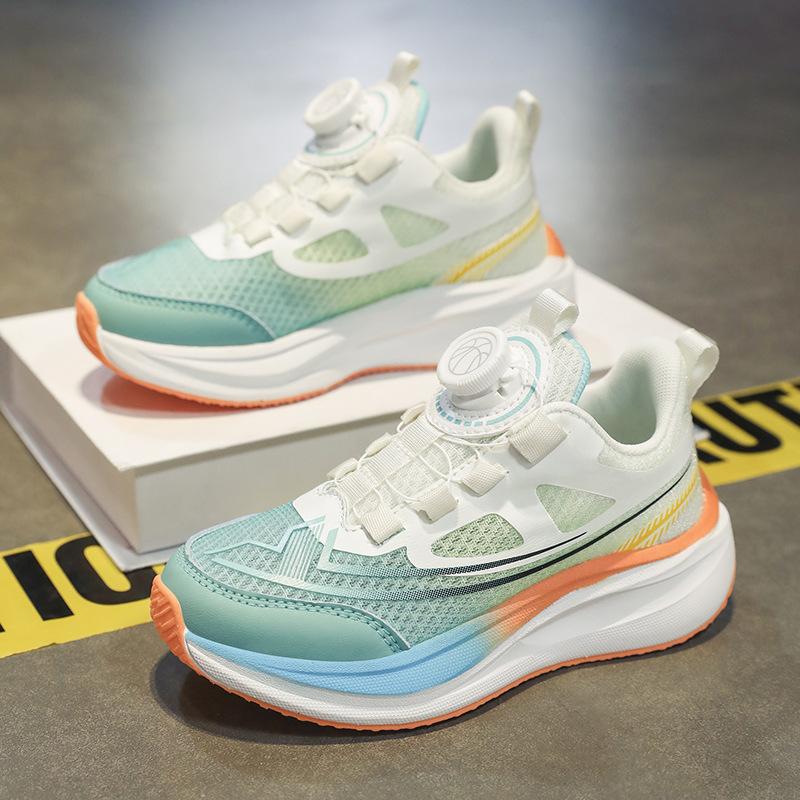 2025 Summer New Boys Mesh Breathable Sneakers Rotating Button Carbon Plate Classmates Girls Running Shoes