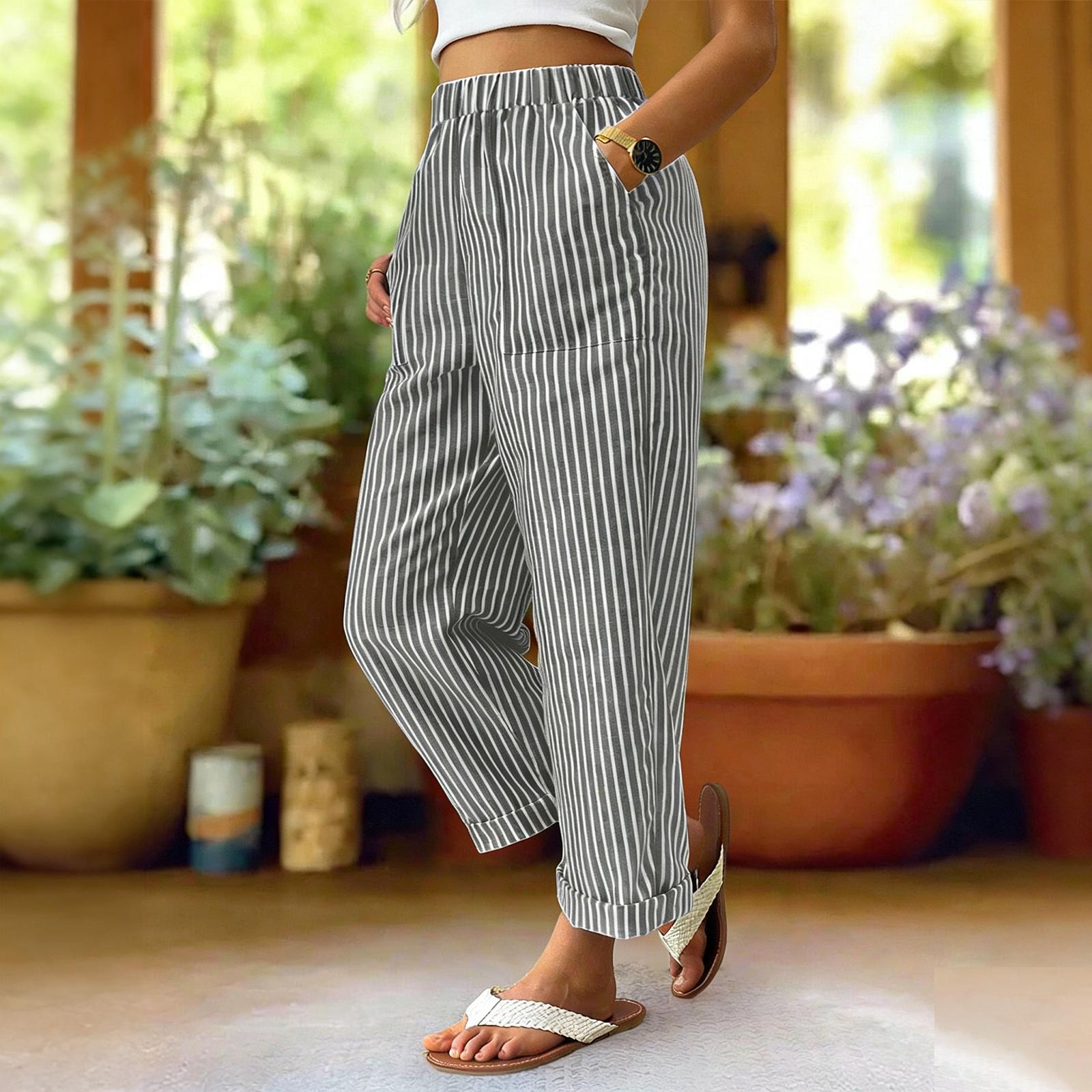 Women s Fashionable Striped High Waisted Pocket Home Versatile Casual Pants S