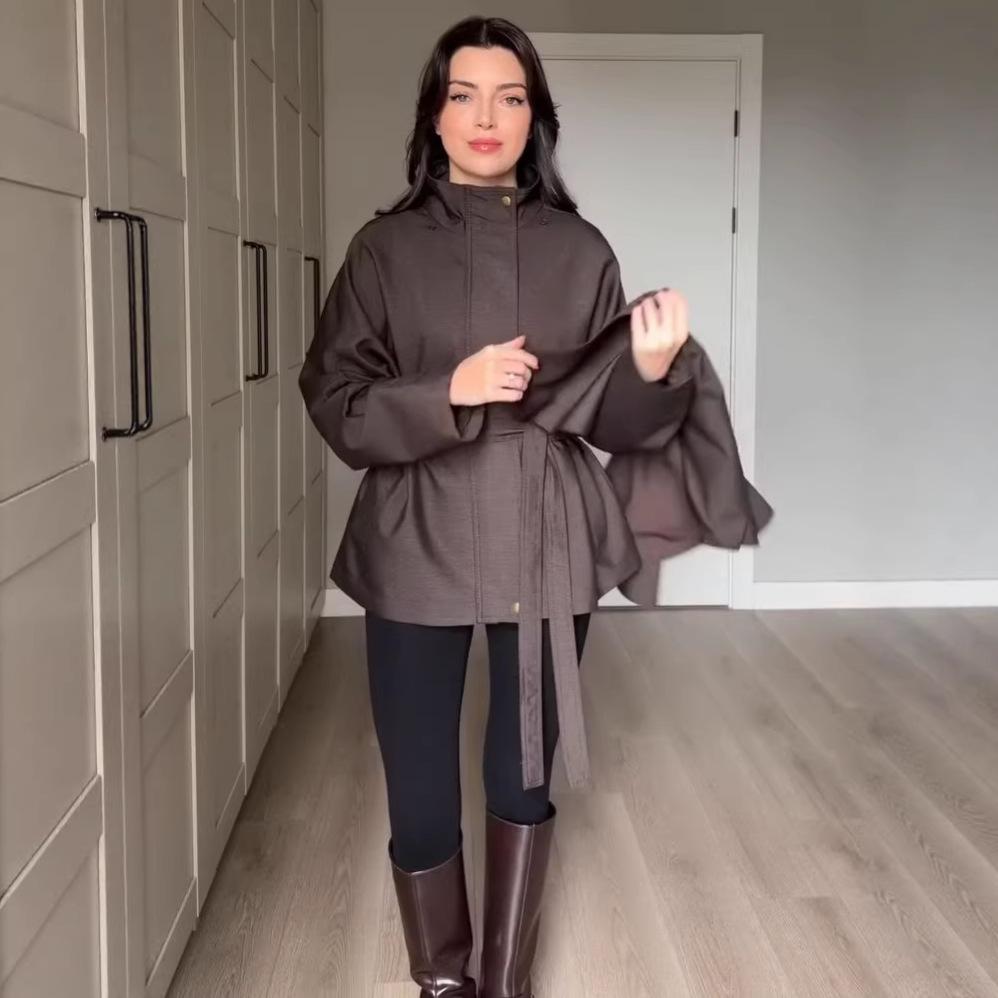 Cross-border European and American women's clothing Amazon stand-up collar British style casual trend cloak jacket temperament lace-up