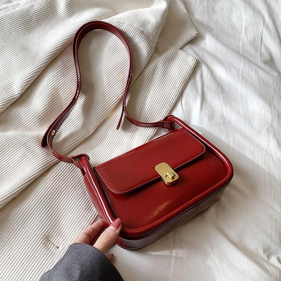 Black Flap Lock Handbags Women PU Leather Top-Handle Messenger Bag Casual Female Crossbody Bag Retro Square Shoulder Bag Purse