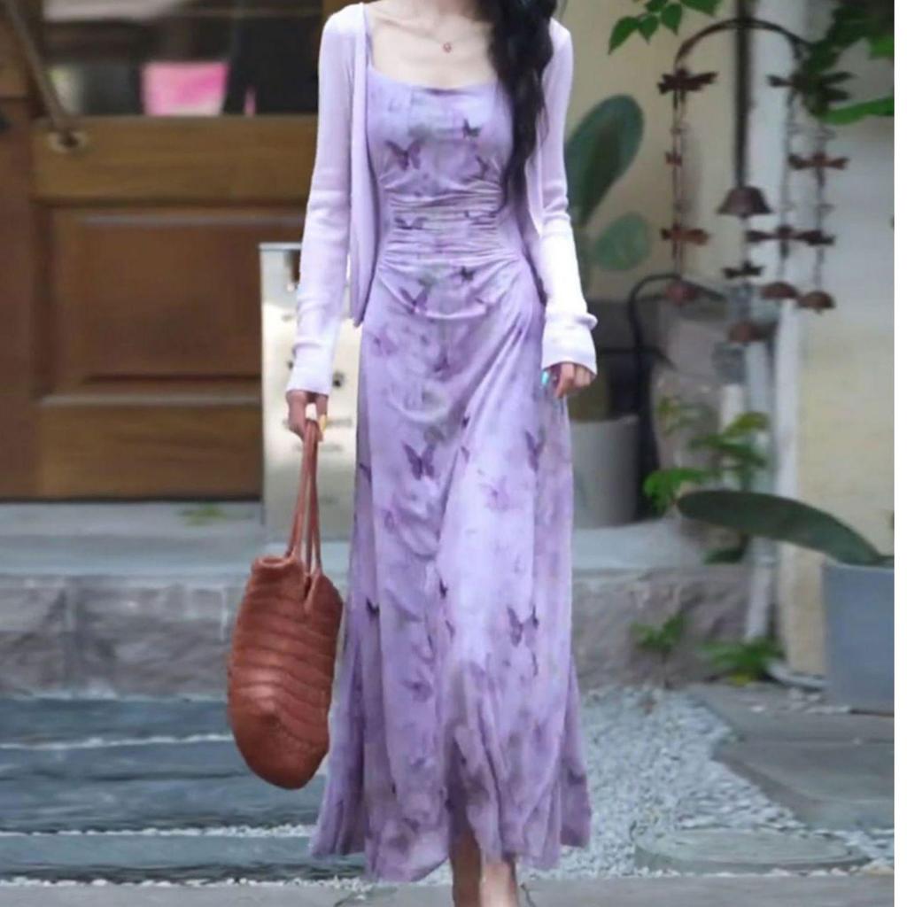 Elegant Floral Print Camisole Dress & Cardigan Set for Women - French Style, Slim Waist