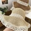 Straw hat ins lace-up hollow straw hat women's summer travel sun protection beach seaside sun hat lace edge sun hat