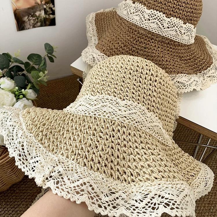 Straw hat ins lace-up hollow straw hat women's summer travel sun protection beach seaside sun hat lace edge sun hat