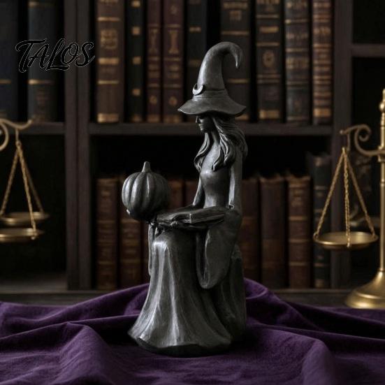 Spooky Garden Sculpture Halloween Witch Statue, Gothic Figurine with Pumpkin And Book, Matte Black Desktop Shelf Ornament Sculpture, Mantel