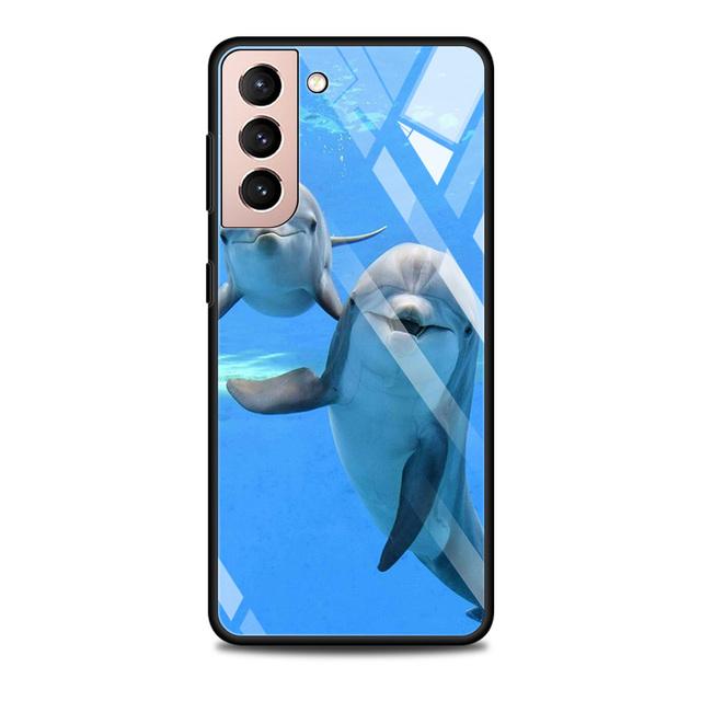 Blue Sea Animal Cute Dolphin Glass Case For Samsung Galaxy S21 S20 Ultra S10 Plus Lite S20fe 5g S10e S9 S8 Bumper Cover Funda