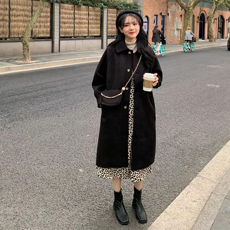 Jachetă lungă, neagră, caise, pentru femei, groasă de iarnă, în stil coreean, catifea, de lungime medie, de lână, jachetă solidă pentru damă de birou