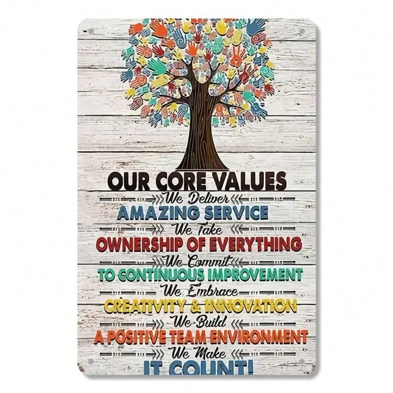"Our Core Values" Metal Wall Art Sign 8"x12" - 1pc Rustic Vintage Inspirational Iron Plaque, Flat 2D Weather-Resistant Decorativ