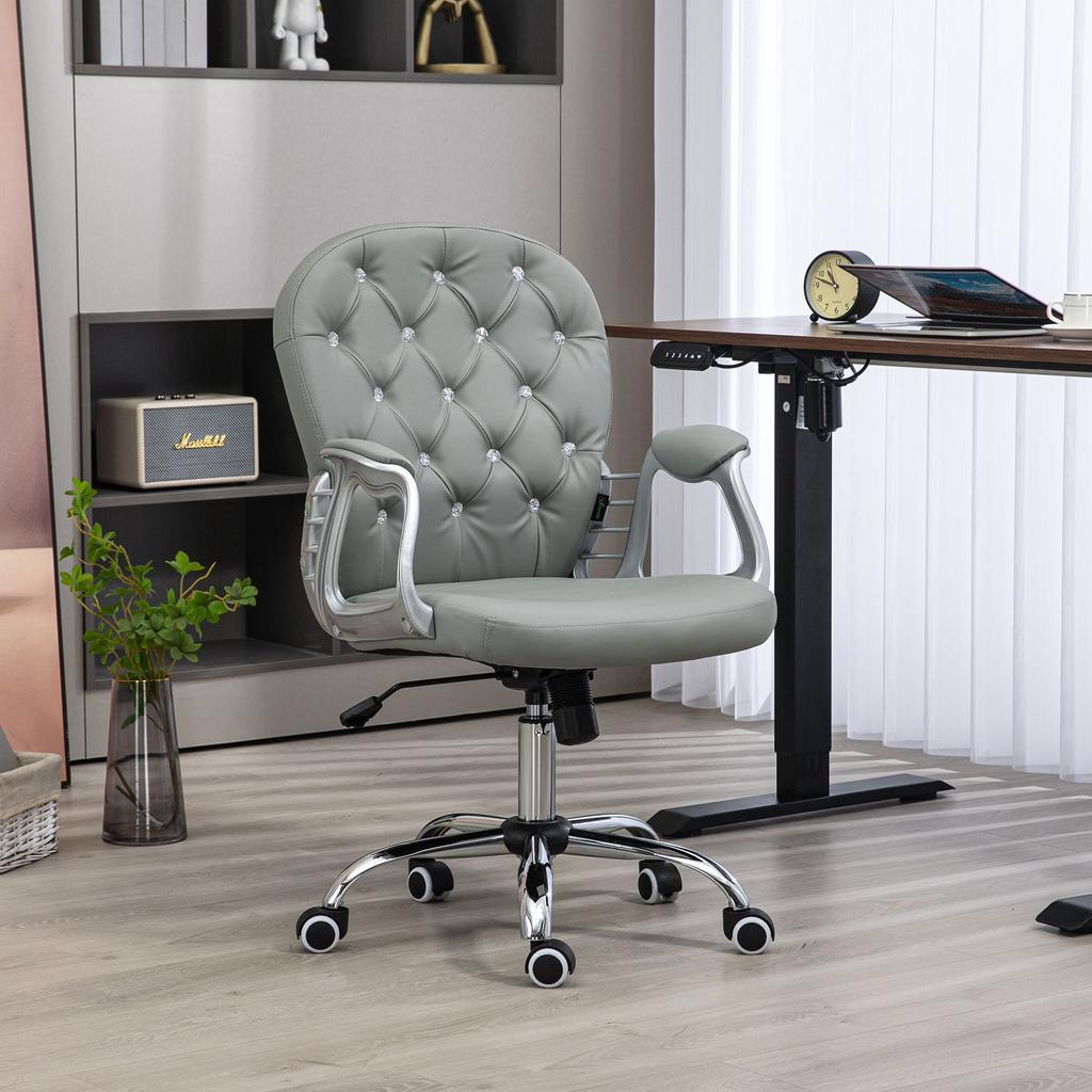 Office Chair Ergonomic 360 degrees Swivel PU Diamante Padded Base 5 Castor Wheels for Home Work Grey