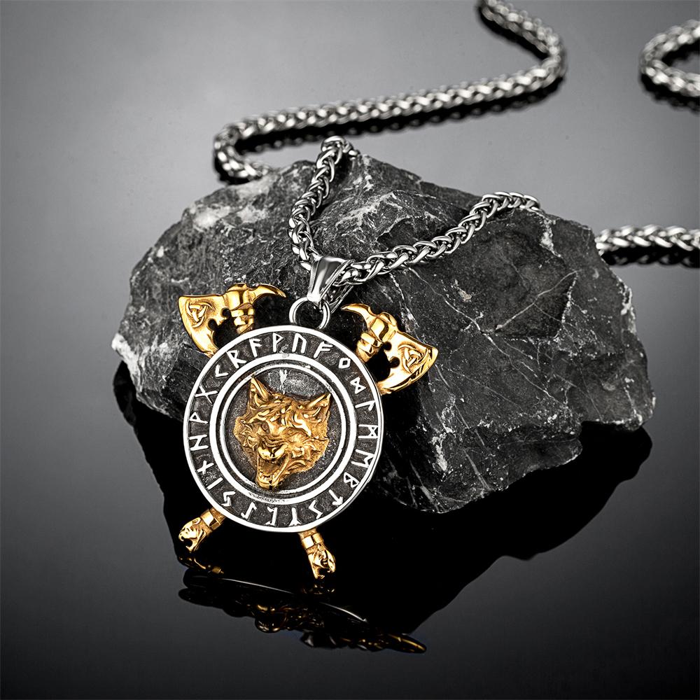 Mix Gold Color Thor s Hammer Wolf Necklaces Stainless Steel Retro Norse Odin s Wolf Head Amulet Pendant Men Viking Runes Jewelry 60cm