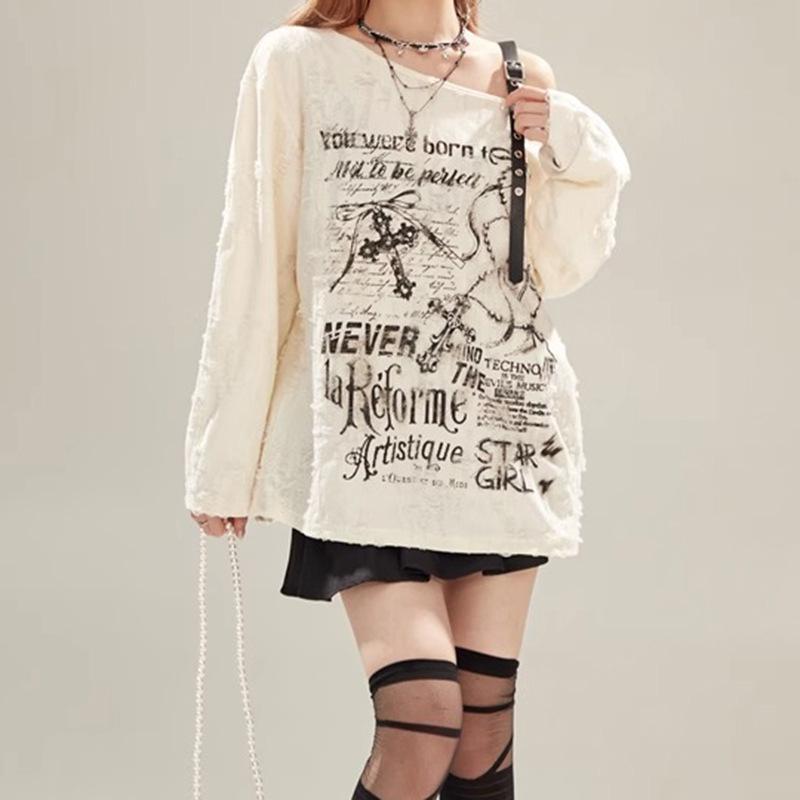 Y2k Gothic Grunge Dark Hollow Out T Shirt Frauen Harajuku Hollow Out Off Shoulder Sexy Tees Herbst Punk Letter Print Tops
