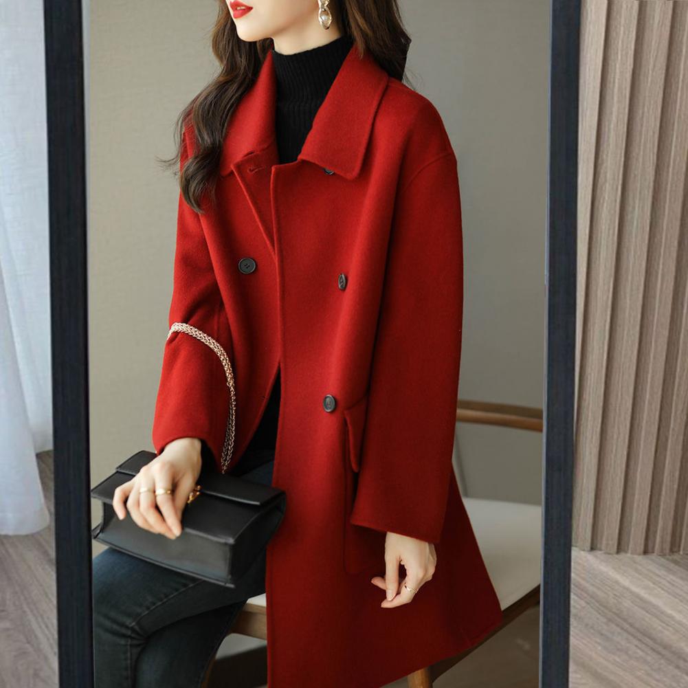Women Jacket Turn-down Collar Long Sleeves Double-breasted Windbreaker Relaxed Fit Pockets Mid Length Outdoor Activity Travel Commuting Overcoa