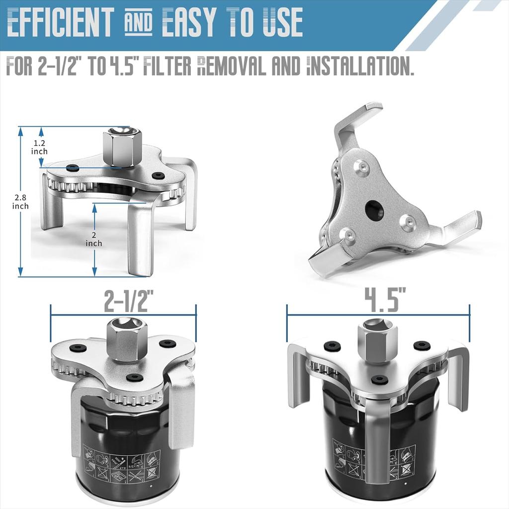 Universal Oil Filter Wrench Adjustable, From 2-1/2 Inch To 4.5 Inch 3 Jaw Oil Filter Removal Tool Set, Efficiency 2 Way Oil Filter Wrench