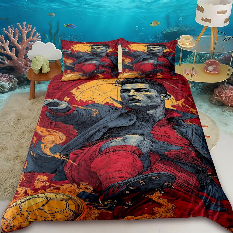 Housse de couette CR7 Housse de couette de football Ensemble d'étoiles du football Ensemble de literie 3 pièces pour décoration de chambre Queen King pour adolescents Enfants Garçons Filles EU Single 135x200cm