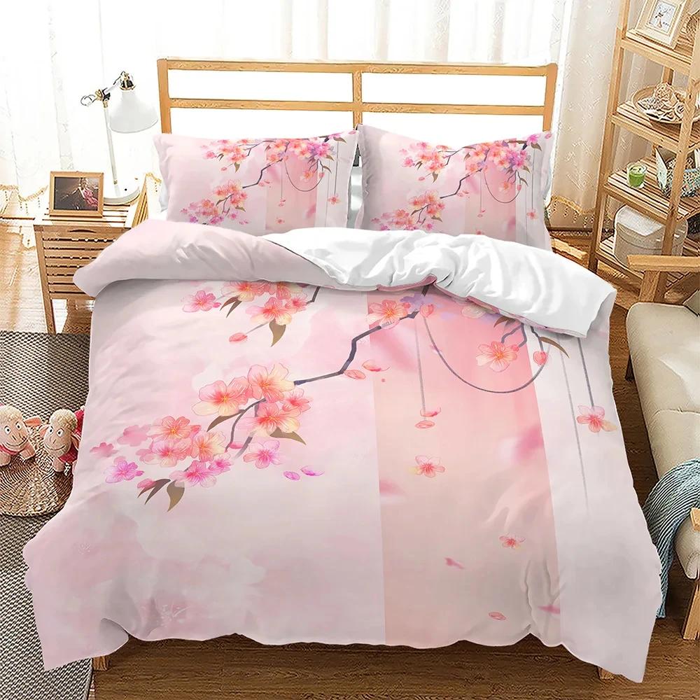 Pink Floral Duvet Cover Japanese Cherry Blossoms Theme Bedding Set Spring Romantic Quilt Cover For Girl Microfiber Bedspread
