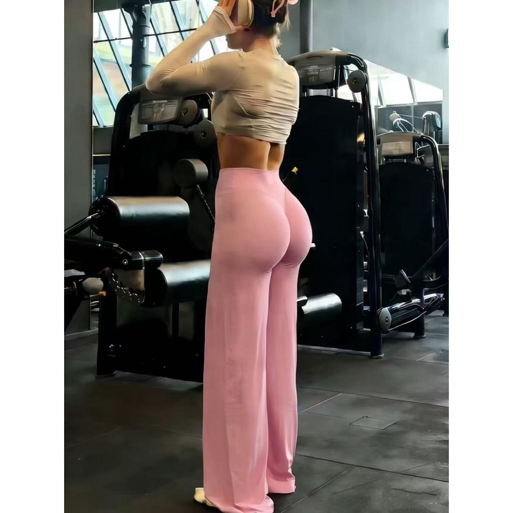 Ladies High-Waisted Wide-Leg Yoga Pants Solid Color Elastic Waistband Comfortable Fabric for Outdoor Fitness