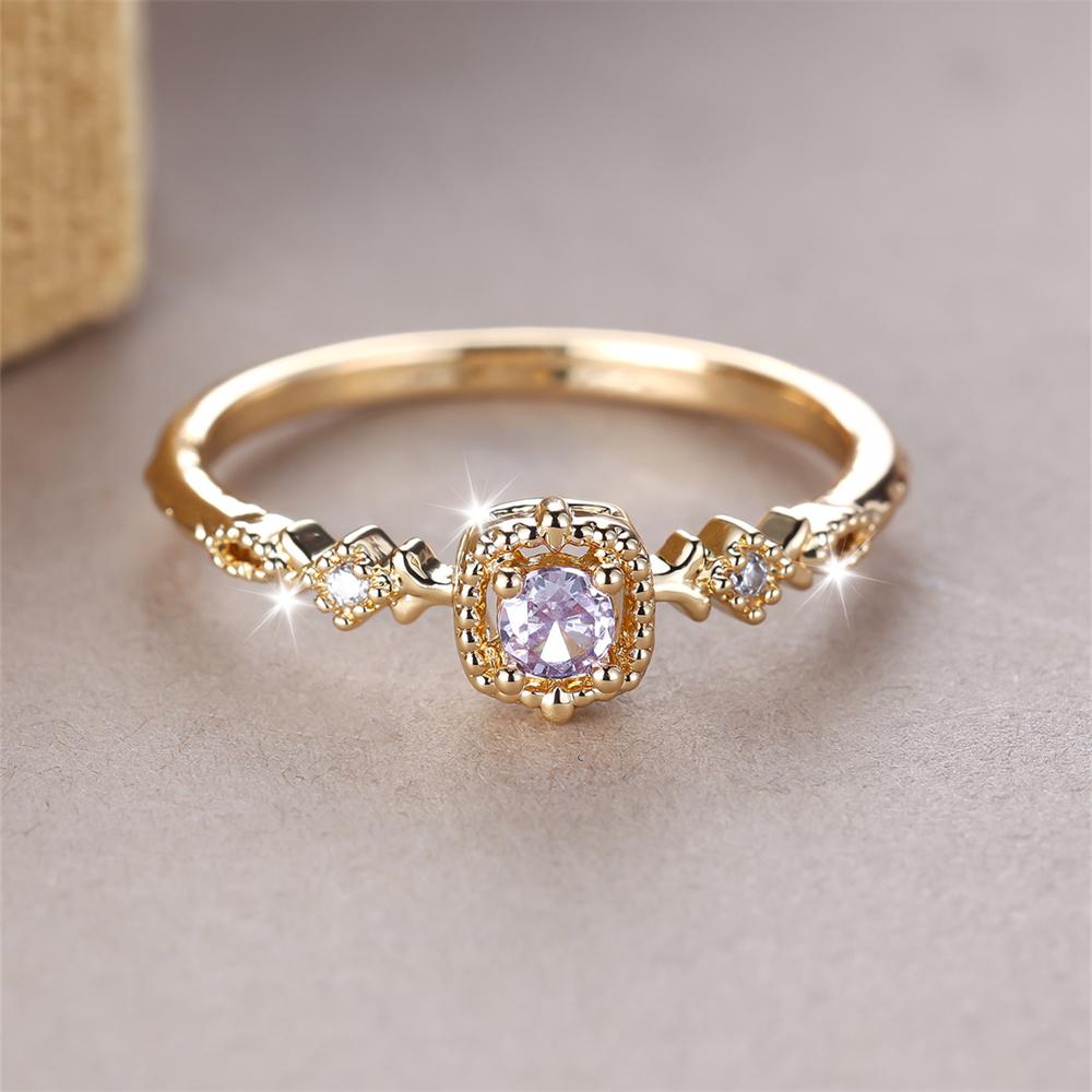 Simple Fashion Crystal Round Stone Ring White Zircon Small Square Engagement Rings For Women Vintage Gold Color Wedding Jewelry