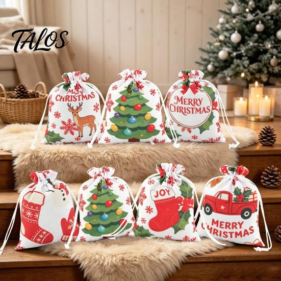 Christmas Eve Gift Wraps 2Pcs Drawstring Bags, Xmas Tree Reindeer Printed Candy Treat Family Party Holders Pouches, Reusable Fabric Holiday