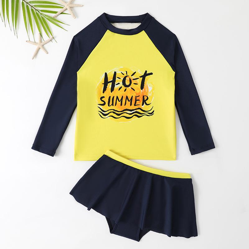 Girls' Long-Sleeved Split Swimsuit with Letter Print & Short Skirt - 2025 Collection