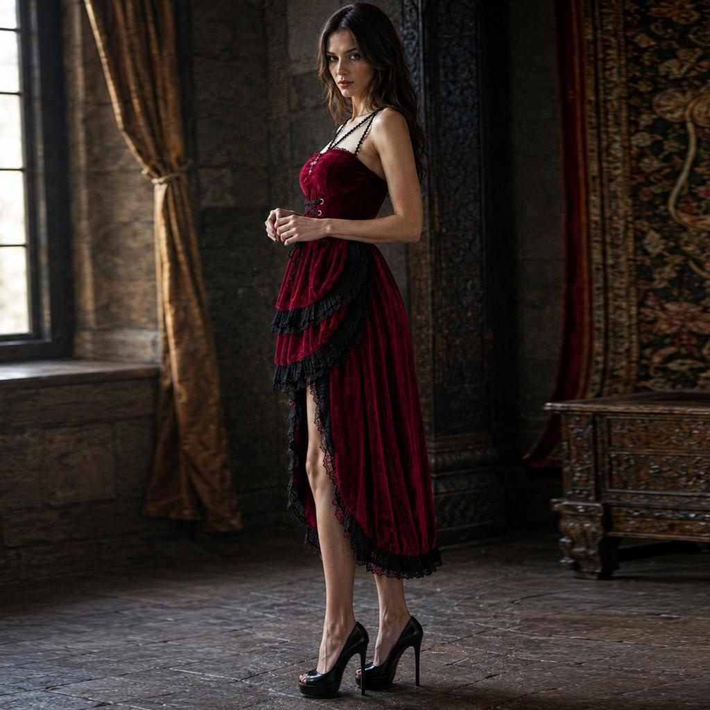 Robe gothique en velours et dentelle noire et rouge pour fête costumée d'Halloween