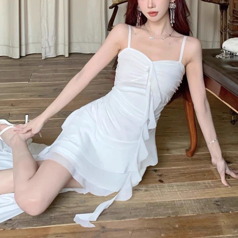Sexy Spaghetti Strap Ruffle Irregular Bodycon Party Club Evening Dress Women Mesh Suspender Spring Summer Holiday Beach
