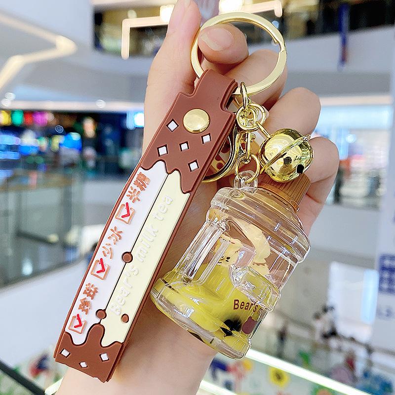 Pearl Milk Tea Bear Keychain - Cartoon Oil-Filled, Floating Liquid Pendant for Bags