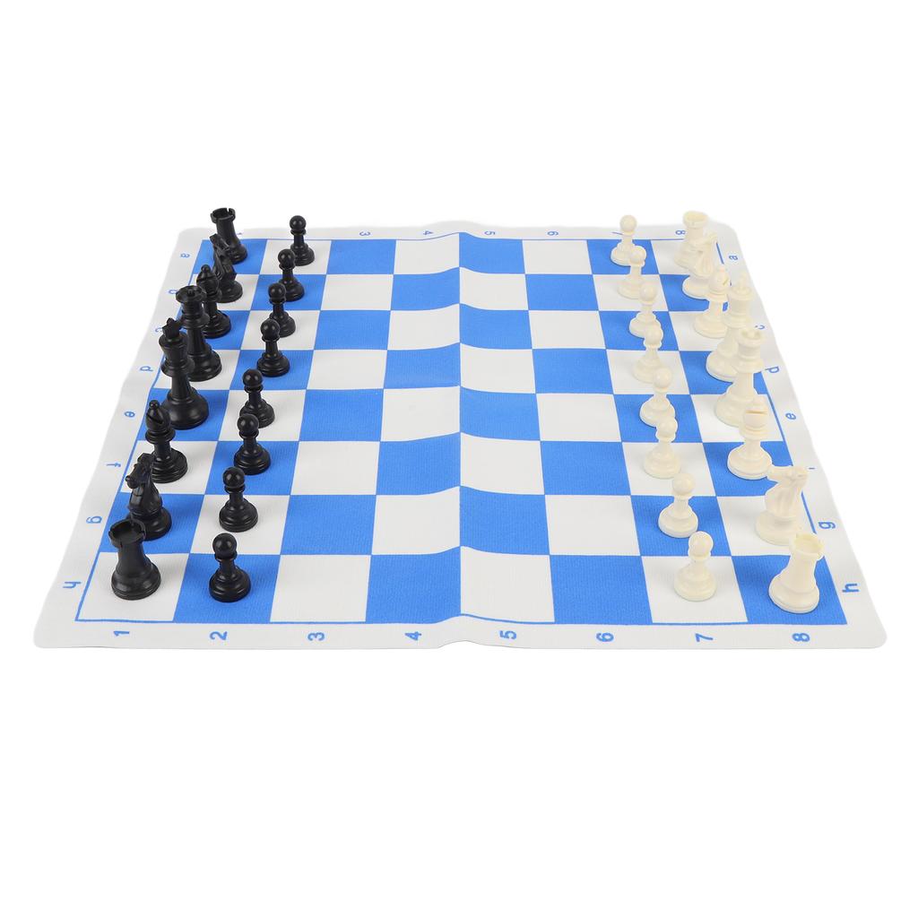 Schachset 42cm Blau und Weiß Aufrollbares PU-Schachbrett 75mm Schachfiguren aus Kunststoff mit Filzunterlage