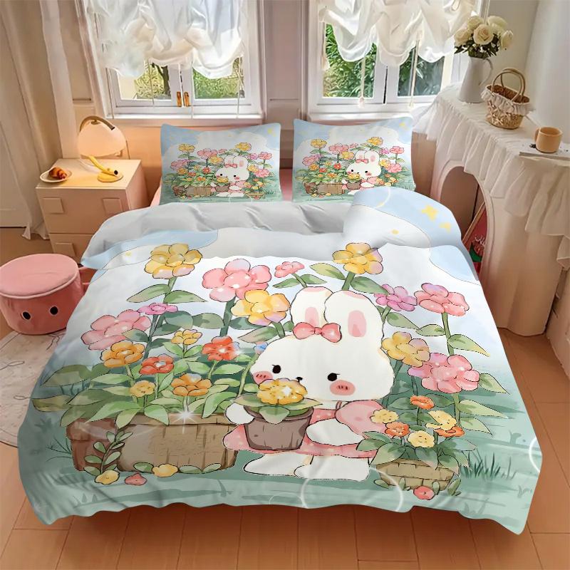 3pcs Bunny in the Garden Printed Quilt Set - Includes 1 Quilt Cover and 2 Pillowcases, Machine Washable - Suitable for All Seasons.M020
