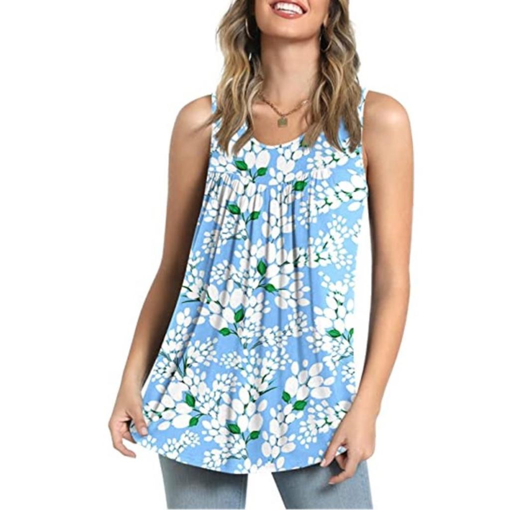 Women's U Neck Sleeveless Loose Fit Floral Print T-Shirt Casual Tank Top Summer