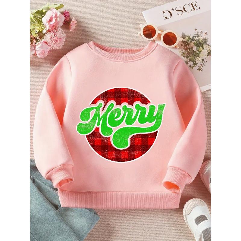 Kids Sweatshirt Soft Red & Green Plaid Christmas Sweater-Style Pullover - Cozy Loose-Fit Long Sleeve Crewneck Sweatshirt with Merry Lettering