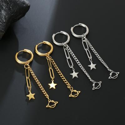 Star Dangle Clip Earrings Women Stainless Steel Heart Pentagonal Earrings Couple Goth Jewelry Birthday Gifts