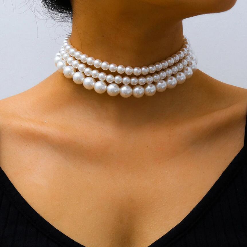 Aihua 4/6/8/10/14mm Elegant Imitation Pearl Beaded Choker Necklaces Collar for Women Wedding Bridal Party Jewelry Gifts